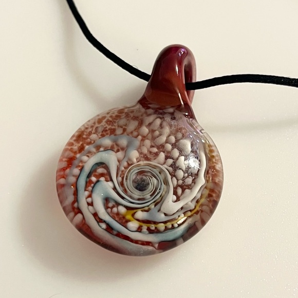 Handblown Artisan Brown Blue White Yellow Glitter Art Lampwork Glass Necklace - Picture 2 of 16